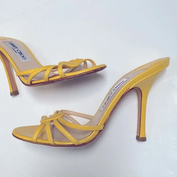 Jimmy Choo 💛 Strappy Kitten Sandal Heels in Yellow Size 7.5 Open Toe Mule Heel